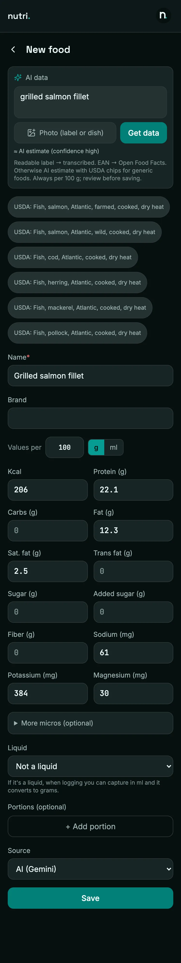 nutri. AI data: a text description turned into a structured per-100g nutrition estimate with USDA match chips