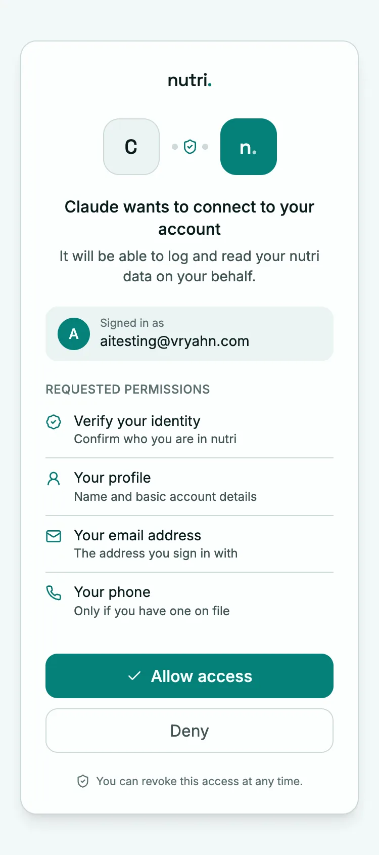 nutri. OAuth consent screen for the MCP connector: Claude requests access, scopes listed, allow and deny buttons