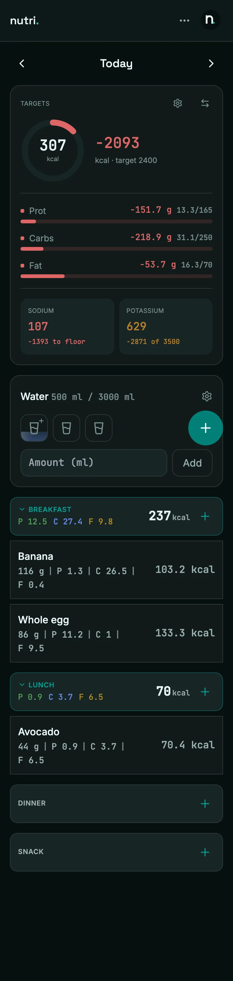 nutri. Today screen: calorie gauge, macro bars, sodium floor, water and logged meals